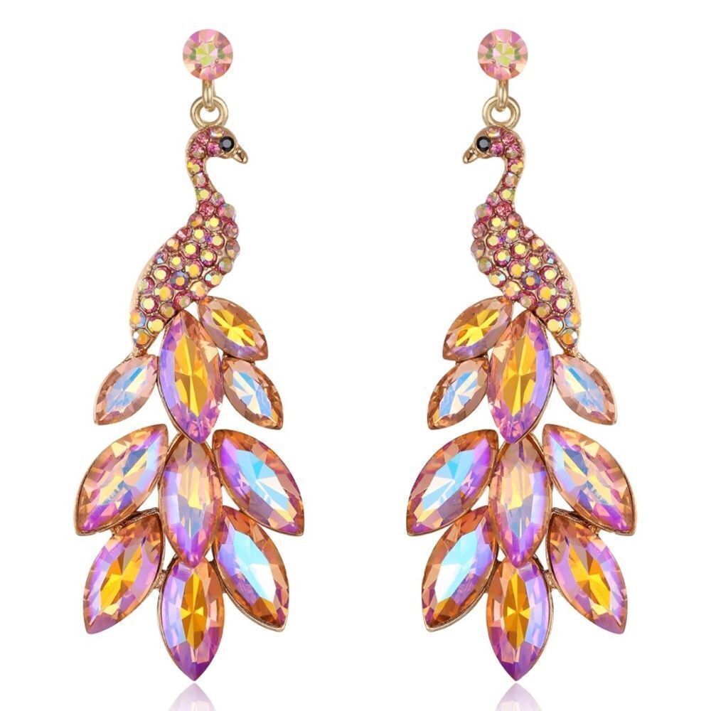 Yellow Gold and Pink Iridescent AB Austrian Crystal Peacock Chandelier Earrings